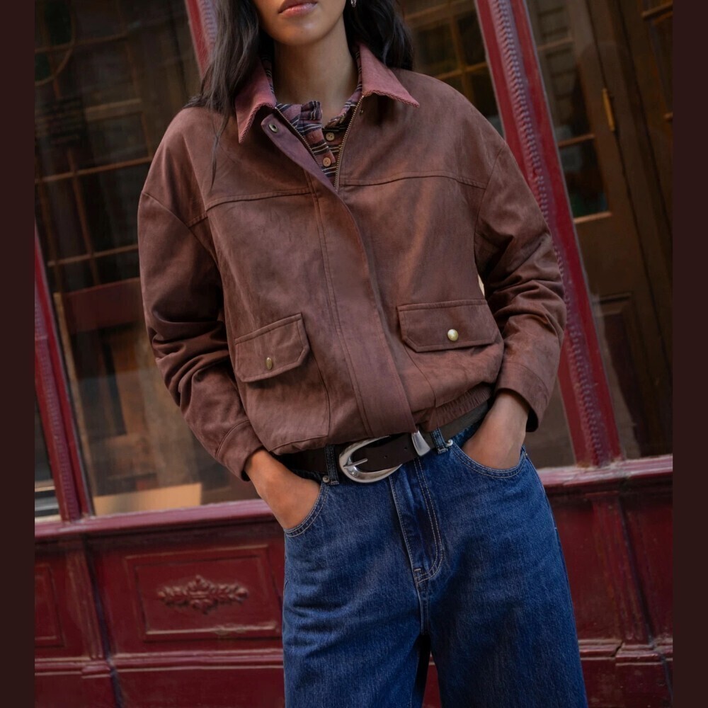 Brown Vegan Suede Flap Pocket Zip Front Oversized Bomber Blouson Jacket